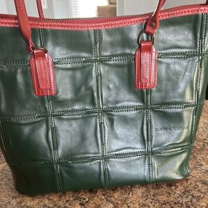 Elvis & Kresse Green Tote Bag with Quilted Design and Red Straps